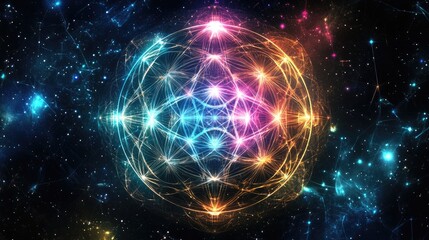 Fototapeta premium Colorful round sacred geometry symbol with glowing stars set against a backdrop of black white and blue Suitable for logo game cover or card designs