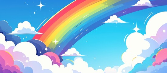 Children s artwork featuring a colorful background with clouds a rainbow and a clear blue sky Vector illustration