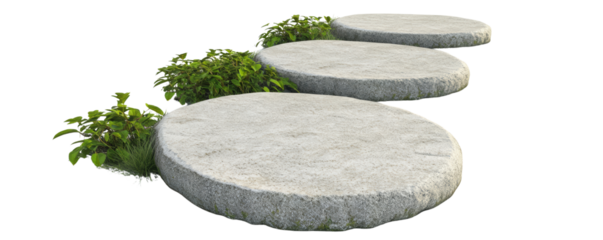 Three large round stepping stones in a neatly arranged garden path, bordered by green foliage, on a white background.