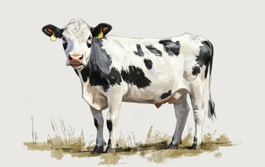 Fototapeta premium painted drawing illustration of cow. Happy pretty funny. On white background. Kids book style 