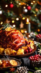 Delicious Glazed Christmas Ham Served with Pineapple and Citrus Slices on a Festive Table. Concept of Holiday Feast, Gourmet Celebration, Traditional Christmas Cuisine. Vertical