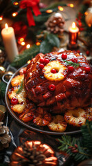 Fototapeta premium Delicious Glazed Christmas Ham Served with Pineapple and Citrus Slices on a Festive Table. Concept of Holiday Feast, Gourmet Celebration, Traditional Christmas Cuisine. Vertical