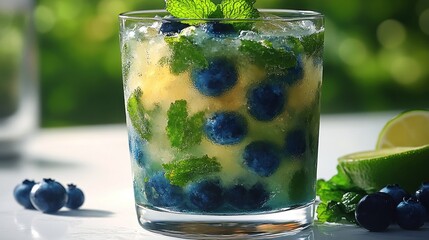 Chilled drink with vibrant blueberries and fresh mint evokes summer joy and relaxation