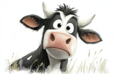 painted drawing illustration of cow. Happy pretty funny. On white background. Kids book style 