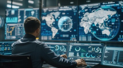 A person analyzes global data visualizations and analytics in a modern control room filled with digital displays during the late evening