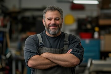 Obraz premium Portrait of a smiling man with crossed arms in a workshop.