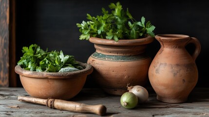 Fototapeta premium Vibrant green herbs and fresh vegetables are displayed in handmade clay pots on a rustic wooden surface, creating an inviting kitchen atmosphere filled with freshness and natural colors