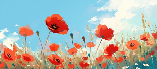 Close up view of vibrant red poppy flowers in a blooming field