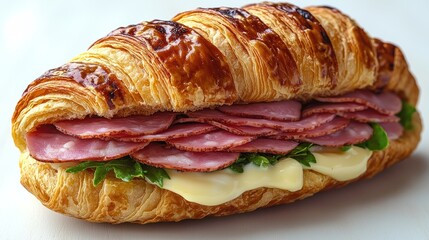 Golden croissant filled with ham, creamy cheese, and crisp greens