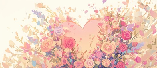 Artistic depiction of a floral bouquet featuring a heart shaped sign