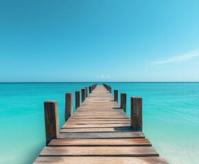 Obraz premium A wooden pier with a blue ocean in the background