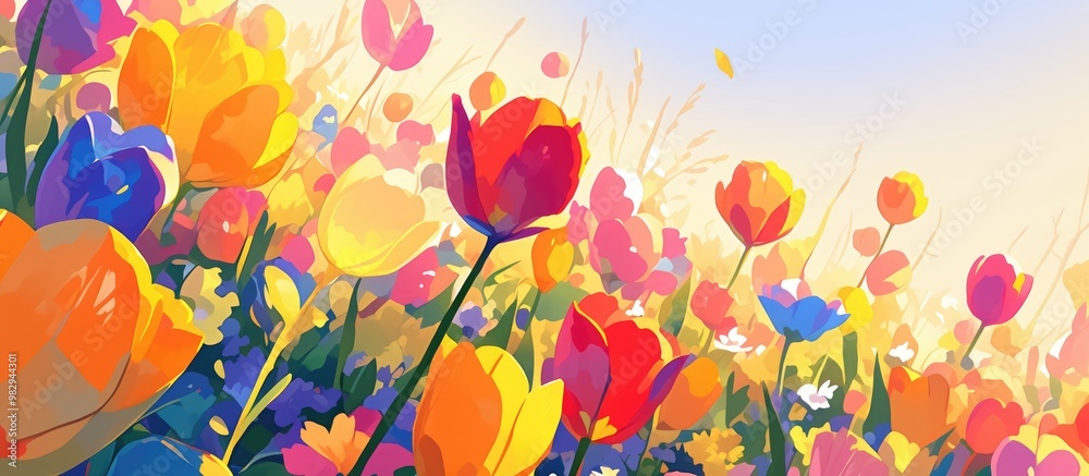 Wall mural Vibrant tulips in a spring garden showcasing a stunning array of colorful blooms in a picturesque field