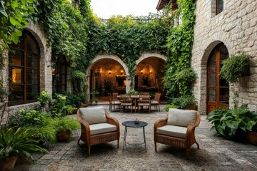 Tranquil Serenity Symmetrical Courtyard Oasis with Lush Vines, Wicker Chairs, and Natural Light. Peaceful Relaxation Setting with Rough Stone Walls. Intimate Seating for Two in Earthy Tones