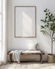 Vintage Poster Mockup in Classic Home Interior with Rustic Bench - 3D Visualization