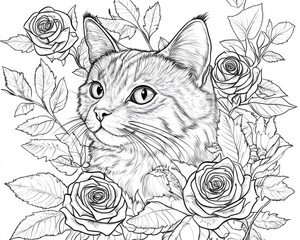 Fantasy cat surrounded by roses and leaves in a coloring book illustration