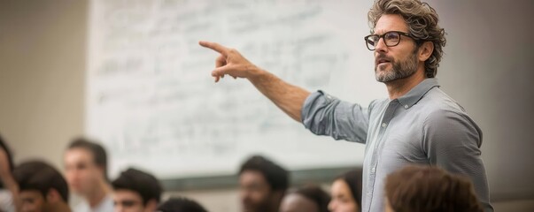 Engaged teacher delivering an interactive lesson to attentive students in a classroom.