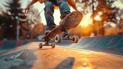 Fototapeta premium A young boy skateboarding in a sunny skatepark, enjoying outdoor fun, adrenaline, and showcasing his skills