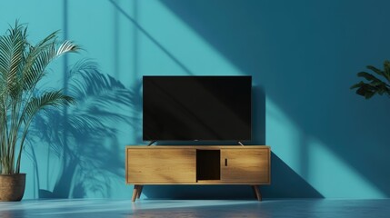 Modern Living Room Interior with TV Cabinet and Blue Wall