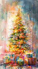 Fototapeta premium Vibrant watercolor Christmas tree adorned with ornaments and surrounded by presents in a cozy holiday setting. Concept of festive decorations, holiday celebration, gift-giving. Vertical
