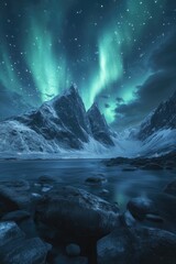 Naklejka premium Mystical Aurora Borealis lighting up a star filled polar sky a captivating 3D visualization of a stunning and enigmatic landscape