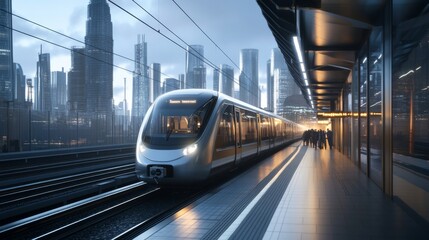 Fototapeta premium A modern electric train arriving at a sleek, well-designed urban station, with passengers waiting and the city skyline in the background.