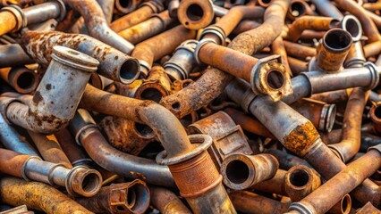 Rusty and weathered pile of discarded exhaust pipes on a junkyard background