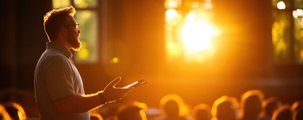 Man speaking passionately in front of an audience, warm sunlight streaming in.