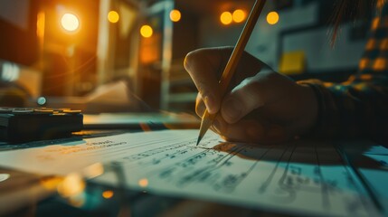 Obraz premium Architect marking blueprints for a home renovation project