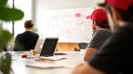 A group of entrepreneurs working in a shared workspace, with whiteboards filled with ideas and a lively atmosphere.