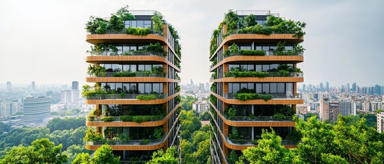 Obraz premium Sustainable Urban Oasis Modern Twin Buildings with Lush Greenery, Tranquil Cityscape Views - Architectural Harmony and Eco-Friendly Design Concept