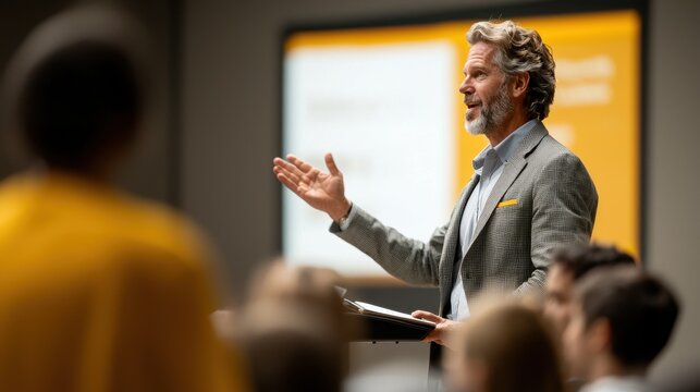 Professional speaker engaging audience in a conference setting.