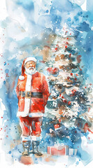 Fototapeta premium Elderly Asian Man Dressed as Santa Claus Smiling Next to Decorated Christmas Tree, Concept of Festive Cheer, Holiday Tradition, Merry Christmas Celebration. Vertical