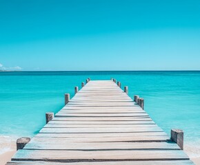 A wooden pier with a blue ocean in the background