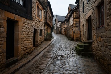 Narrow cobblestone street in a historic village with old stone and half-timbered houses on a cloudy day, showcasing medieval architecture and quaint charm.