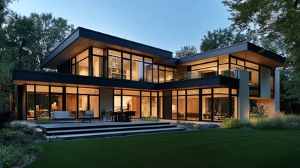A modern home exterior with clean lines, large glass panels, and a simple color palette, reflecting the minimalist approach to architecture.