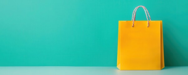 Yellow shopping bag on turquoise background