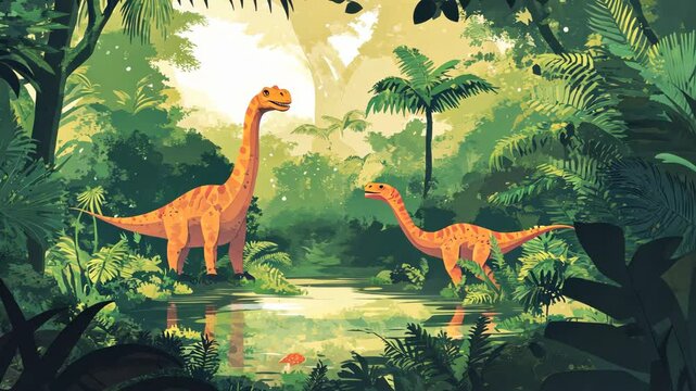 Brachiosaurus standing near water with smaller dinosaur approaching
