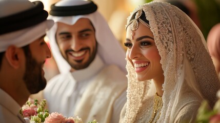 A joyful wedding scene featuring a smiling bride in traditional attire, surrounded by two happy groomsmen, capturing a moment of celebration.