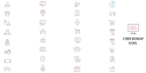 Cyber monday simple concept 44 flat icons set. Contains such  Online Shopping , E-commerce Deals, Digital Discounts, Cyber Sales, Internet Shopping, Virtual Bargains etc.Vector illustration.