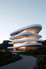 Architectural Elegance Futuristic Curved Building in Tranquil Setting, Modern Design Glowing in Sunrise Light, Urban Serenity - Ideal for Real Estate, Architectural Concepts