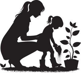 Tree planting silhouette vector illustration isolated on a white background