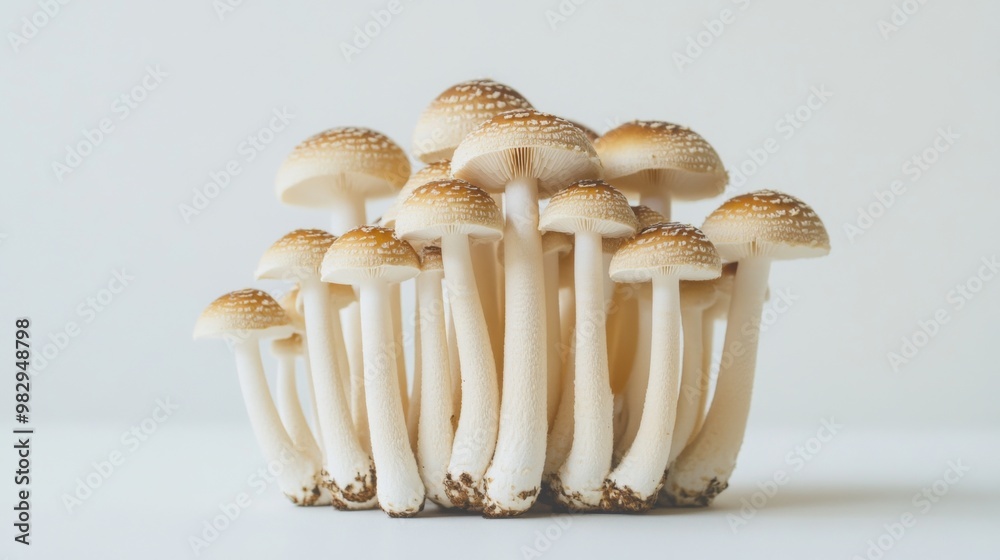 Leinwandbilder a neat cluster of yanagi mushrooms standing upright on a minimalist white surface, with the slender 
