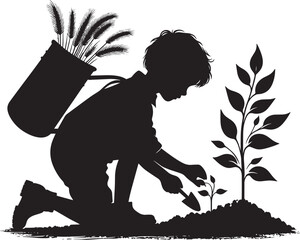 Tree planting silhouette vector illustration isolated on a white background