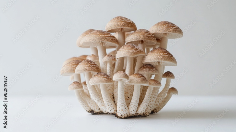 Leinwandbilder a neat cluster of yanagi mushrooms standing upright on a minimalist white surface, with the slender 