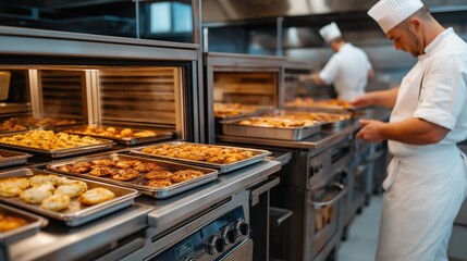 Chefs in a professional kitchen baking various dishes in trays inside commercial ovens. The kitchen is equipped with industrial cooking appliances and multiple racks of food.