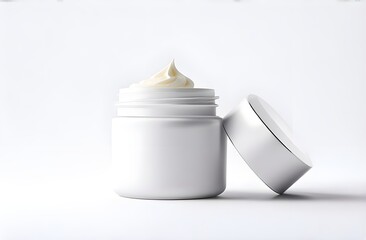 White face cream in a jar with black cover on white background.