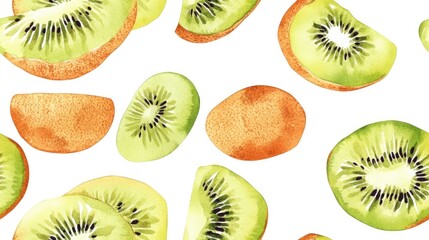 Fototapeta premium Seamless watercolor pattern featuring kiwi fruit Fruity backdrop