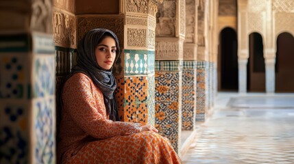 A young woman in traditional attire sits gracefully in a beautifully decorated architectural space, surrounded by intricate patterns and warm lighting.