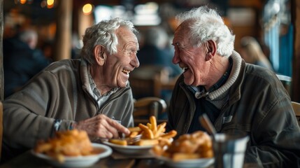 Elderly Friends Embrace Positive Vibes, Enjoy Outdoor Lunch with Laughter and Joyful Conversations in Winter Setting