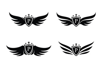Naklejka premium Set of wings symbol logo combined with letter p and creative element